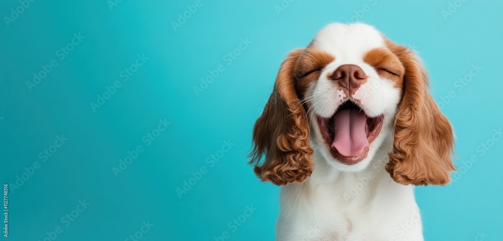Happy Cavalier King Charles Spaniel puppy yawning against a blue background. Happy Cavalier King Charles Spaniel puppy yawning against a blue background.