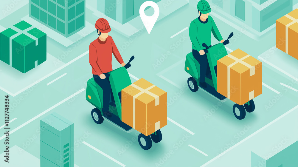 Delivery scooters in urban setting e-commerce transport digital illustration modern environment aerial view efficiency concept Delivery scooters in urban setting e-commerce transport digital illustration modern environment aerial view efficiency concept
