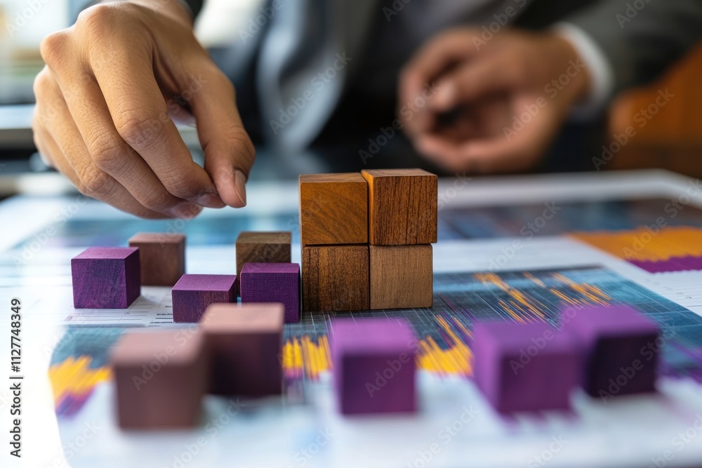 Person arranging wooden blocks on financial charts.