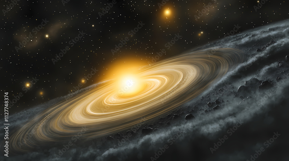 A celestial dance unfolds in the vast expanse of space, as a ringed planet with an ethereal glow dominates the scene, surrounded by distant stars and nebulous clouds. Nebulous. Illustration A celestial dance unfolds in the vast expanse of space, as a ringed planet with an ethereal glow dominates the scene, surrounded by distant stars and nebulous clouds. Nebulous. Illustration