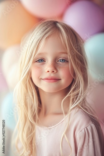 The little girl soft smile and blue eyes shine, set against pastel balloons for a joyful, charming portrait style.