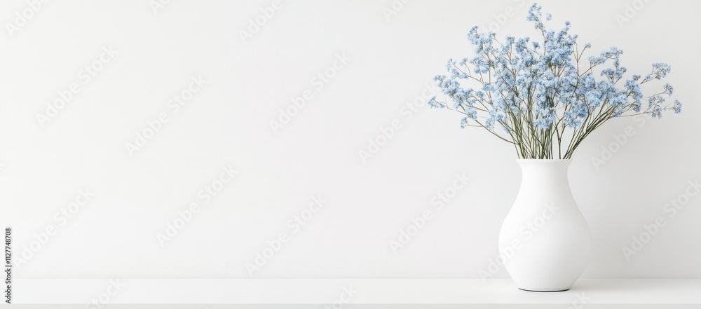 White vase with light blue flowers on white shelf against white wall.