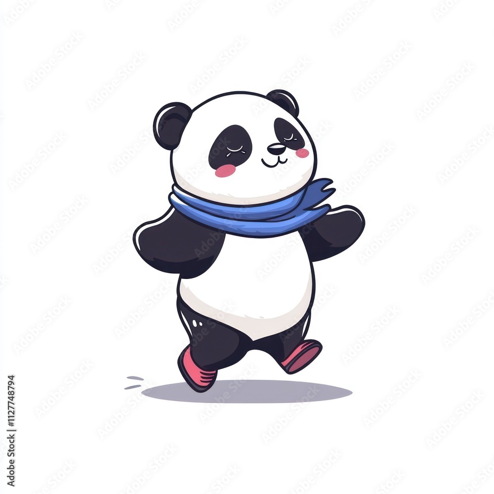 Cute cartoon panda wearing a scarf and boots, walking happily. Cute cartoon panda wearing a scarf and boots, walking happily.