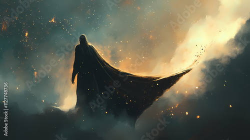 A cosmic figure in a flowing, starry cape stands against a nebulous background, embodying the grandeur of the universe. Nebulous. Illustration