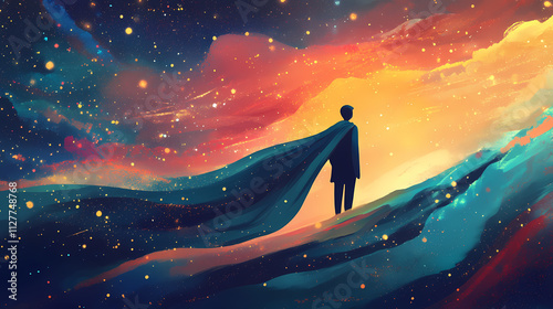 A cosmic figure in a flowing, starry cape stands against a nebulous background, embodying the grandeur of the universe. Nebulous. Illustration