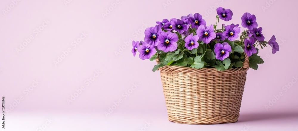 Purple pansies in a wicker basket on a pink background.