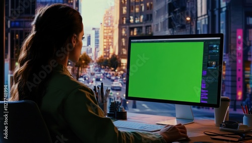 Woman editing video on computer with green screen, city view.