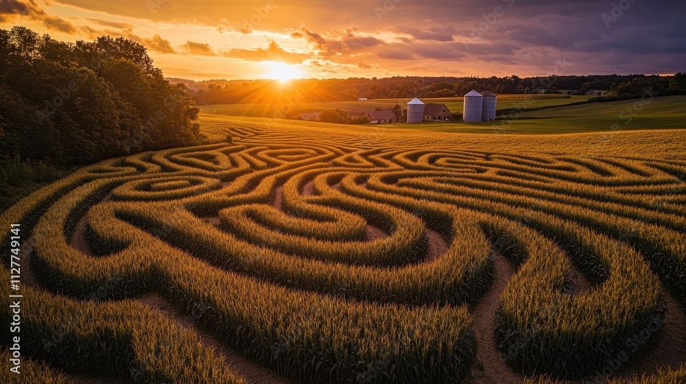 A high angle view of a meticulously designed corn maze at sunset, its golden stalks glowing in the warm light, with a distant farmhouse and silos visible in the background A high angle view of a meticulously designed corn maze at sunset, its golden stalks glowing in the warm light, with a distant farmhouse and silos visible in the background