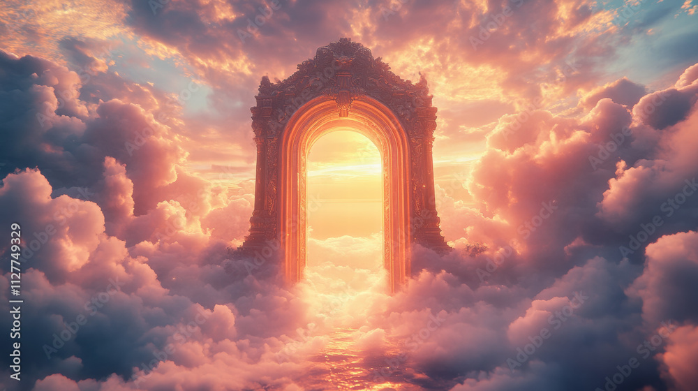 Obraz premium An epic portal door in the sky, a fantasy landscape with a majestic, cloudy archway illuminated by golden light and surrounded by fluffy clouds