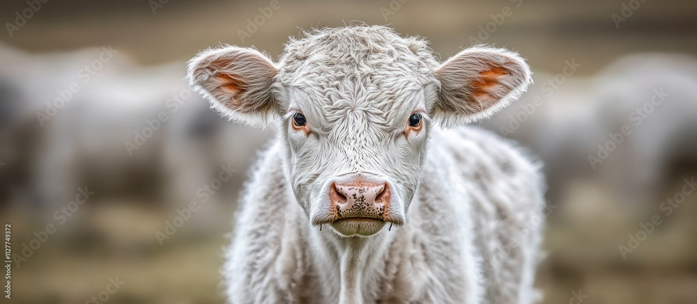 Close-up of a young white calf in a field. Close-up of a young white calf in a field.