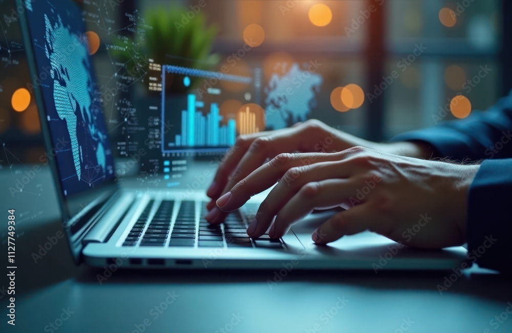 Business person analyses global data on laptop. Person types on keyboard examining worldwide analytics. Charts, maps displayed on screen. Data-driven decisions for analytic industries. Person works