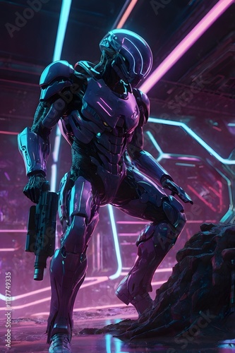 A special forces agent from the planet Mars, clad in a sleek, futuristic black uniform, navigates a neon-drenched, sci-fi landscape. The atmosphere is a vibrant blend of synthwave and retro-futuristic