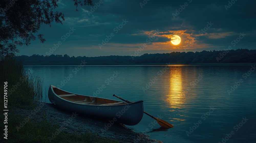 A serene lakeside scene with a canoe, reflecting the moonlight against a tranquil backdrop. A serene lakeside scene with a canoe, reflecting the moonlight against a tranquil backdrop.