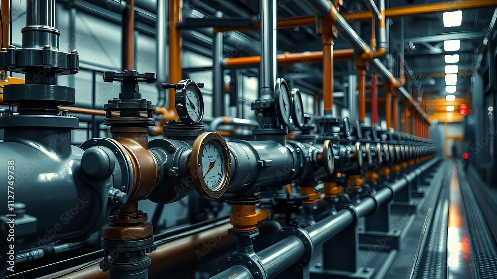 Industrial Pipeline System Valves Gauges AI Photo - Bright, Detailed Industrial Pipeline System Valves Gauges AI Photo - Bright, Detailed