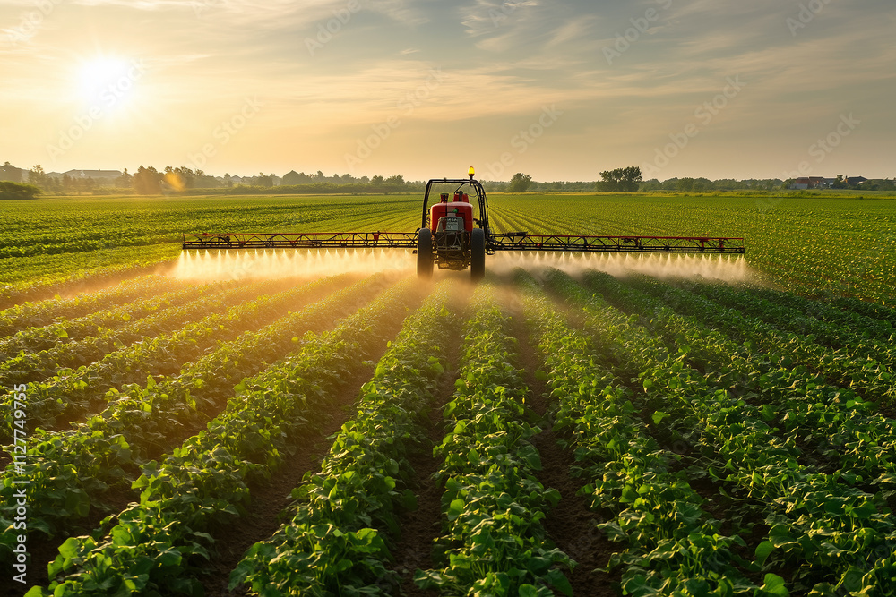 Fototapeta premium Futuristic technology-driven small homemade aircraft spraying chemicals and water over plantations, showcasing innovative agricultural automation and precision farming techniques