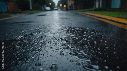 Rain soaked asphalt and raindrops on water puddle photo