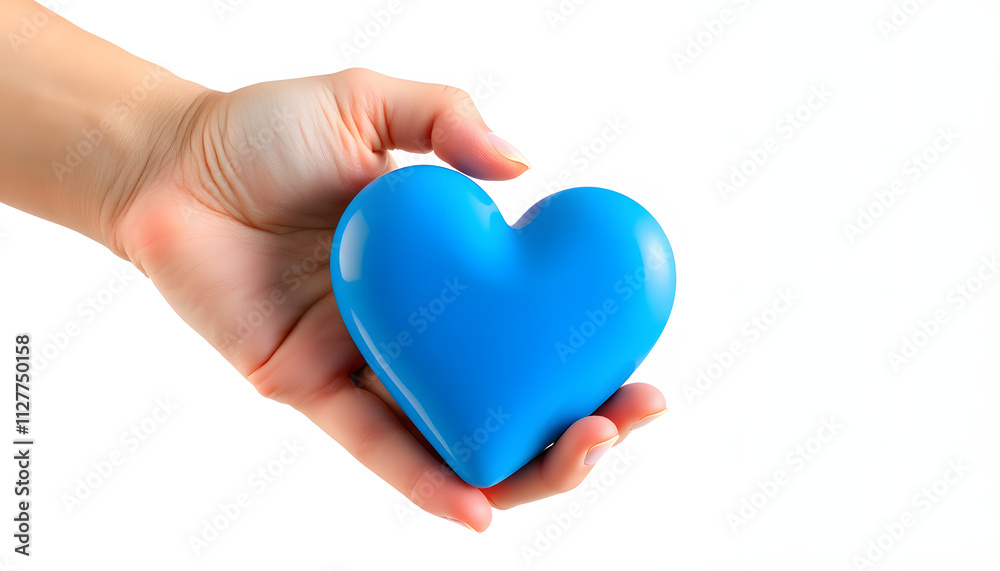 Obraz premium Hand holding blue heart, World health day, Health care and mental health concept, Health insurance, Charity volunteer donation, CSR responsibility, World heart day, Self love isolated with white hig