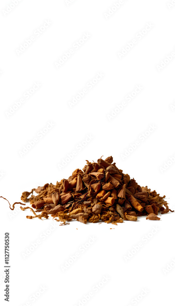 Pile of dried smoking tobacco isolated on a white background.copy space for text.no world tobacco day concept isolated with white highlights, png Pile of dried smoking tobacco isolated on a white background.copy space for text.no world tobacco day concept isolated with white highlights, png