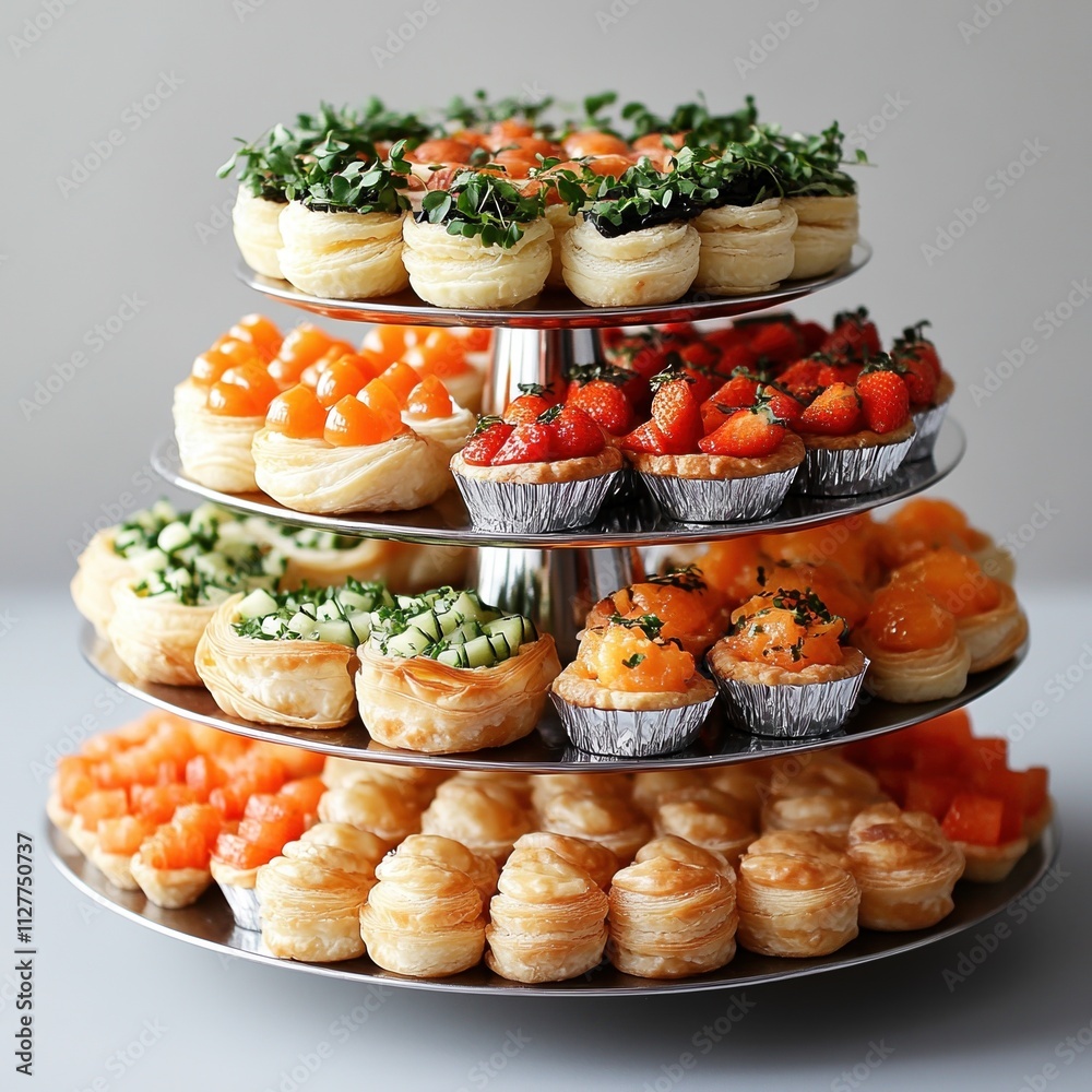 Elegant Tiered Puff Pastry Display with Fresh Berries, Vegetables and Herb Garnish, Tempting Colorful Appetizer Presentation, Gourmet Food Concept Elegant Tiered Puff Pastry Display with Fresh Berries, Vegetables and Herb Garnish, Tempting Colorful Appetizer Presentation, Gourmet Food Concept