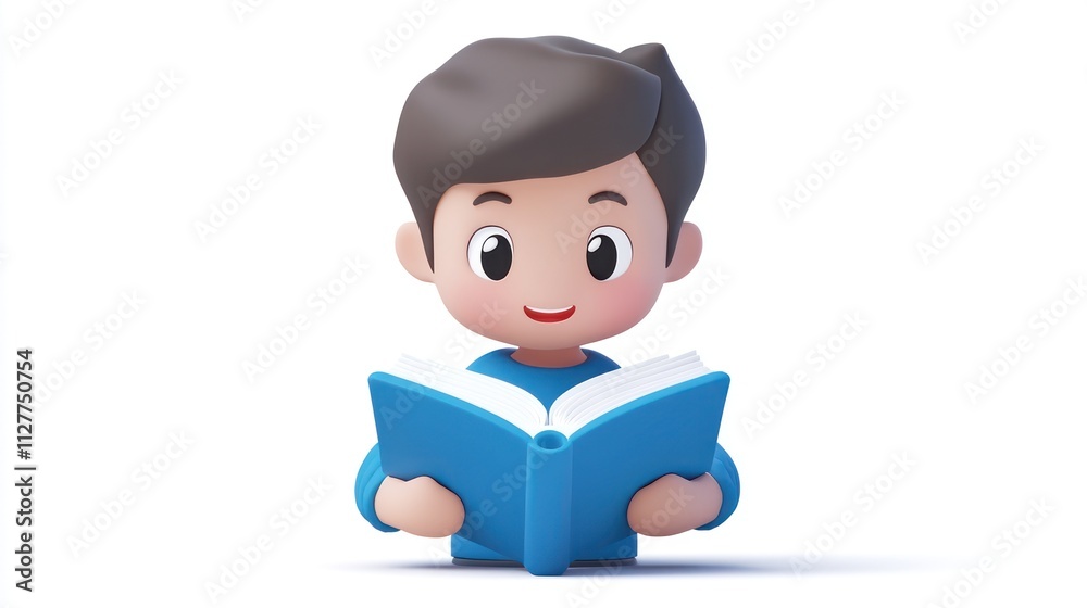 Cute cartoon boy happily reading a blue book. Cute cartoon boy happily reading a blue book.