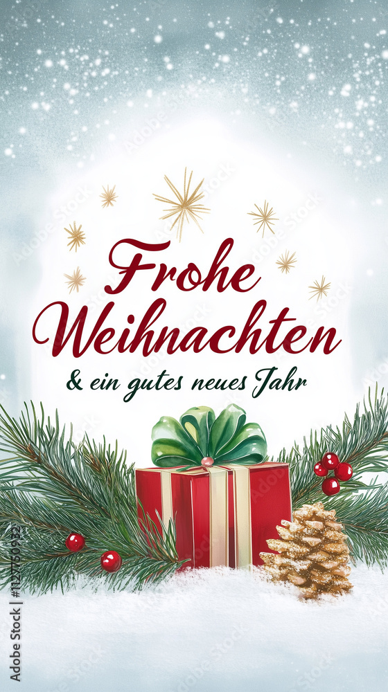 Obraz premium Frohe Weihnachten und ein gutes neues Jahr. Merry Christmas and a happy new year german text. Frosty scene, Natural Winter background with snow and lights, Panorama, banner, header for advertisement