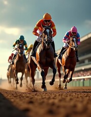 Horse racing scene shows jockeys urging horses forward. Competition is intense and fast. Speed and energy are key elements. Event takes place on a racetrack. Sunlight highlights the action.