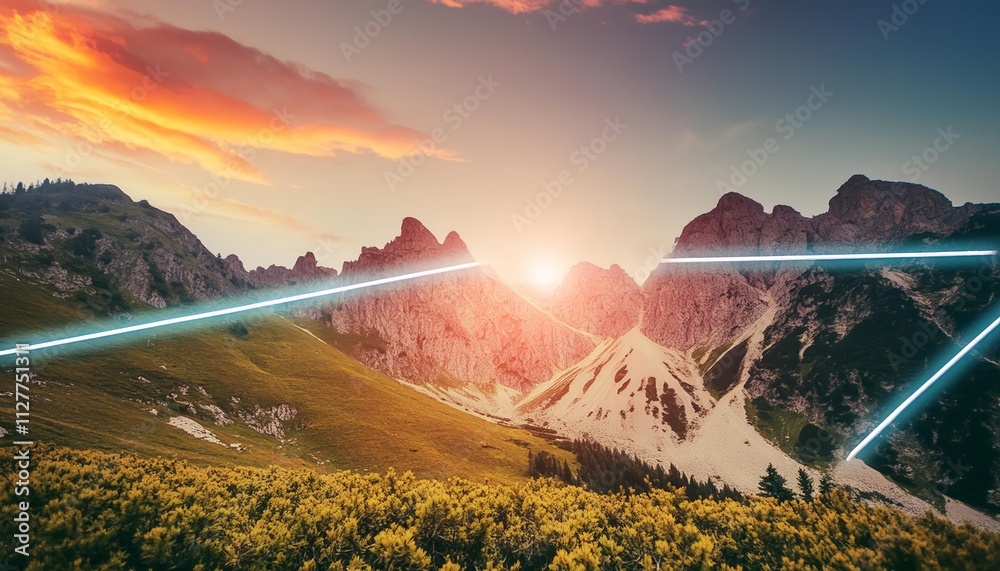 Obraz premium Abstract Vintage Mountain Landscape with Neon Lights: A Captivating Fusion of Nature and Retro Aesthetics, Perfect for Art Enthusiasts Seeking Unique Visual Experiences