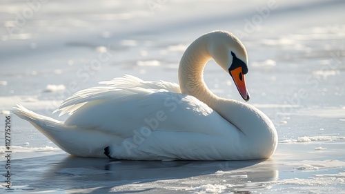 Mute Swan Sleeping on Frozen Lake - Winter Sunlight - AI Art photo