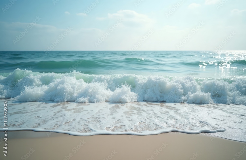 Tranquil beach scene shows gentle waves gently lapping on shore. Soft turquoise water meets soft beige sand. Perfect scene for relaxation, vacation. Blue water creates serene atmosphere. Peaceful Tranquil beach scene shows gentle waves gently lapping on shore. Soft turquoise water meets soft beige sand. Perfect scene for relaxation, vacation. Blue water creates serene atmosphere. Peaceful