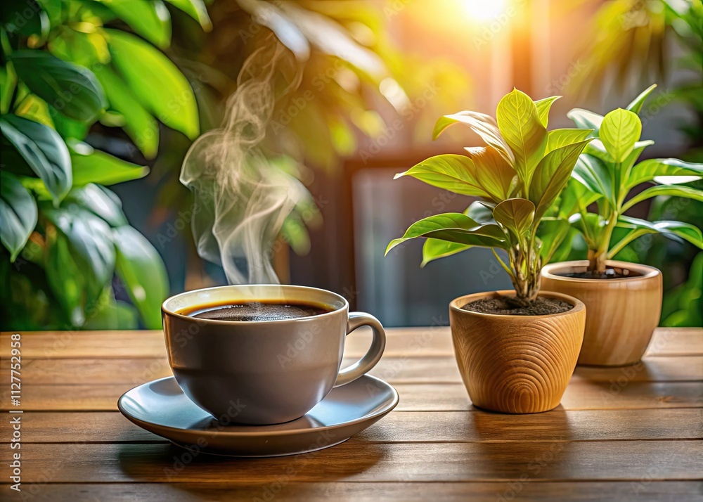 Coffee, plant, and soft light illuminate a tranquil home workspace. Coffee, plant, and soft light illuminate a tranquil home workspace.