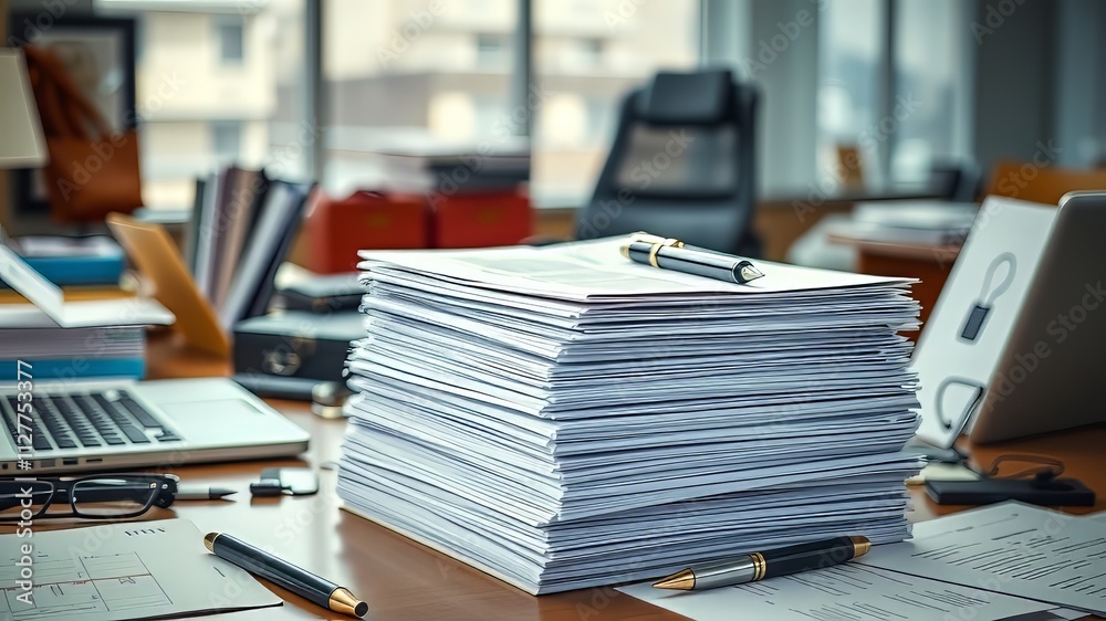 Office Desktop Documents Stack - AI Photorealistic Office Desktop Documents Stack - AI Photorealistic