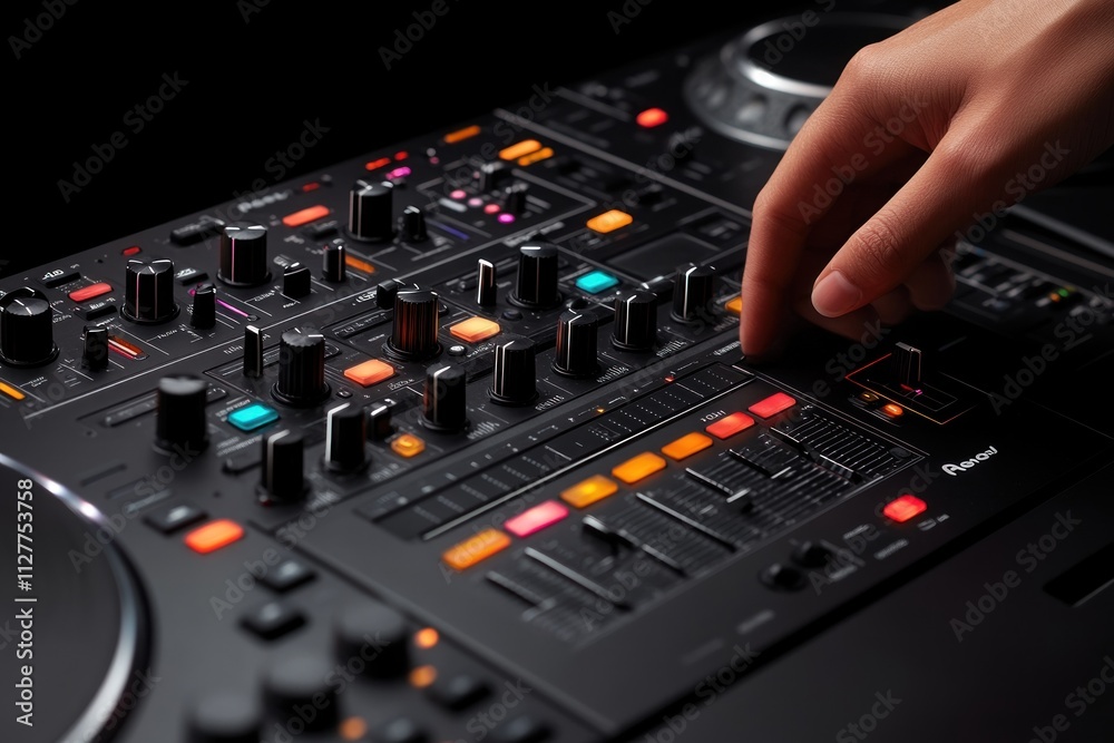 Hand adjusting audio mixer controls. Hand adjusting audio mixer controls.