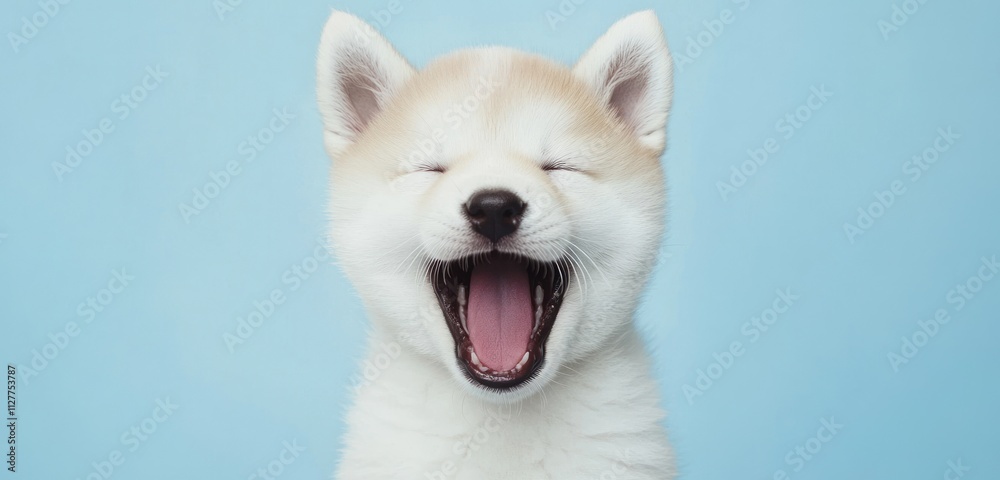 Happy puppy yawning with closed eyes against a light blue background. Happy puppy yawning with closed eyes against a light blue background.