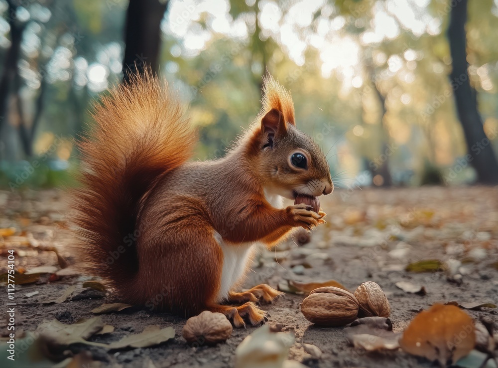 Red squirrel eating a nut in autumn park. Red squirrel eating a nut in autumn park.