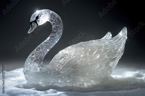 Majestic ice sculpture of swan, shimmering against dark backdrop, exquisite craftsmanship, delicate icy beauty, winter art concept photo