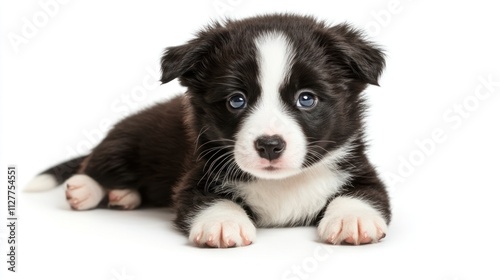 Adorable black and white puppy lying down on white background.