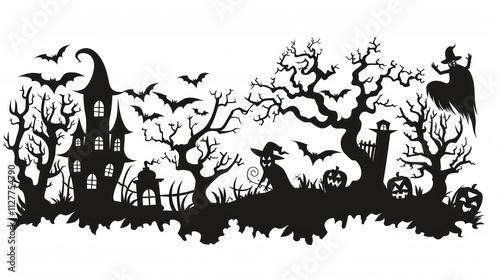 Spooky Halloween Night Silhouette: Haunted House, Witch, Bats, Pumpkins, and Spooky Trees photo