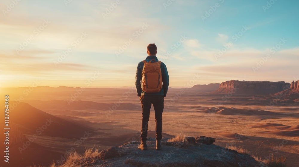 A young man with a backpack gazing at a vast desert landscape during sunset. A young man with a backpack gazing at a vast desert landscape during sunset.