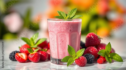 Pink Berry Smoothie with Mint - Refreshing Summer Drink AI Photo