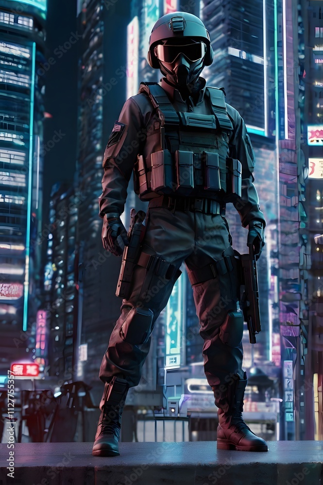 A special forces agent from the planet Mars, clad in a sleek, futuristic black uniform, navigates a neon-drenched, sci-fi landscape. The atmosphere is a vibrant blend of synthwave and retro-futuristic A special forces agent from the planet Mars, clad in a sleek, futuristic black uniform, navigates a neon-drenched, sci-fi landscape. The atmosphere is a vibrant blend of synthwave and retro-futuristic