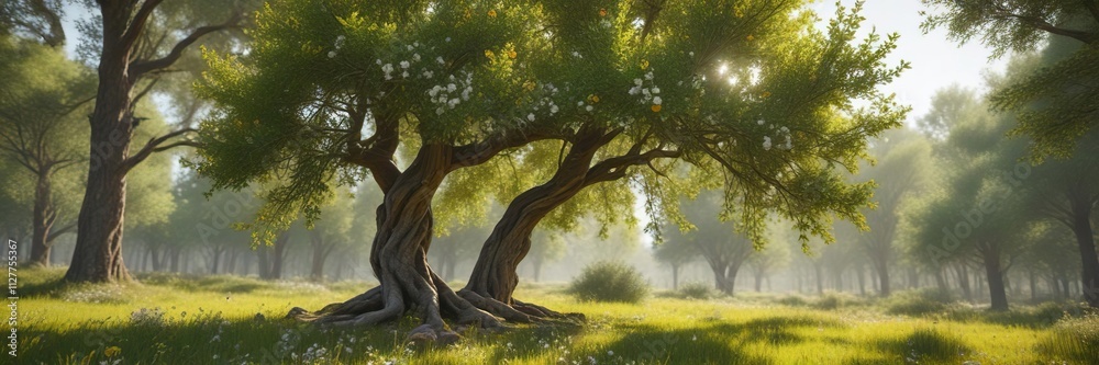 Autumn olive tree in full flower against a green summer forest, natural scenery, seasonal change , yellow flowers Autumn olive tree in full flower against a green summer forest, natural scenery, seasonal change , yellow flowers