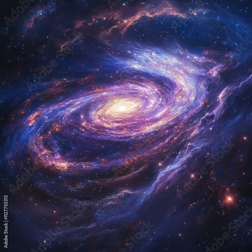 Spiral Galaxy with swirling purple and orange nebula