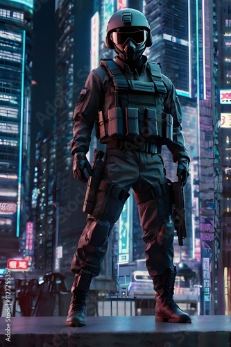 A special forces agent from the planet Mars, clad in a sleek, futuristic black uniform, navigates a neon-drenched, sci-fi landscape. The atmosphere is a vibrant blend of synthwave and retro-futuristic