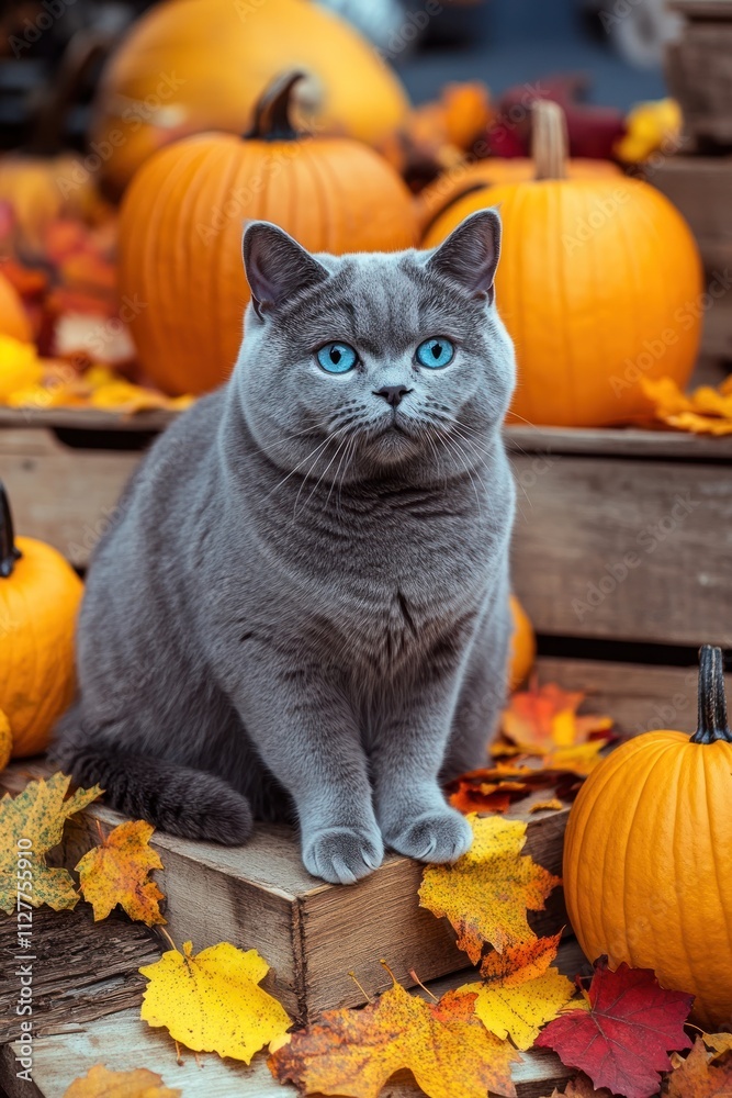 Gray cat with blue eyes sits among autumn pumpkins and leaves. Gray cat with blue eyes sits among autumn pumpkins and leaves.