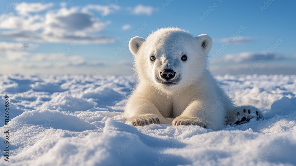 Adorable polar bear cub lying in snow, looking at camera. Adorable polar bear cub lying in snow, looking at camera.