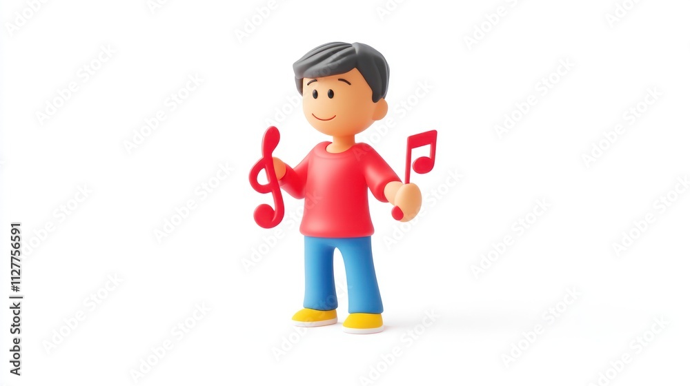 3D cartoon boy holding treble clef and music note. 3D cartoon boy holding treble clef and music note.
