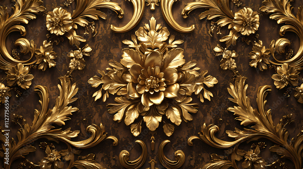 The image contains a repeating pattern of gold flowers and leaves on a brown background. the style is ornate and reminiscent of gilded baroque or rococo designs. Rococo. Illustration The image contains a repeating pattern of gold flowers and leaves on a brown background. the style is ornate and reminiscent of gilded baroque or rococo designs. Rococo. Illustration