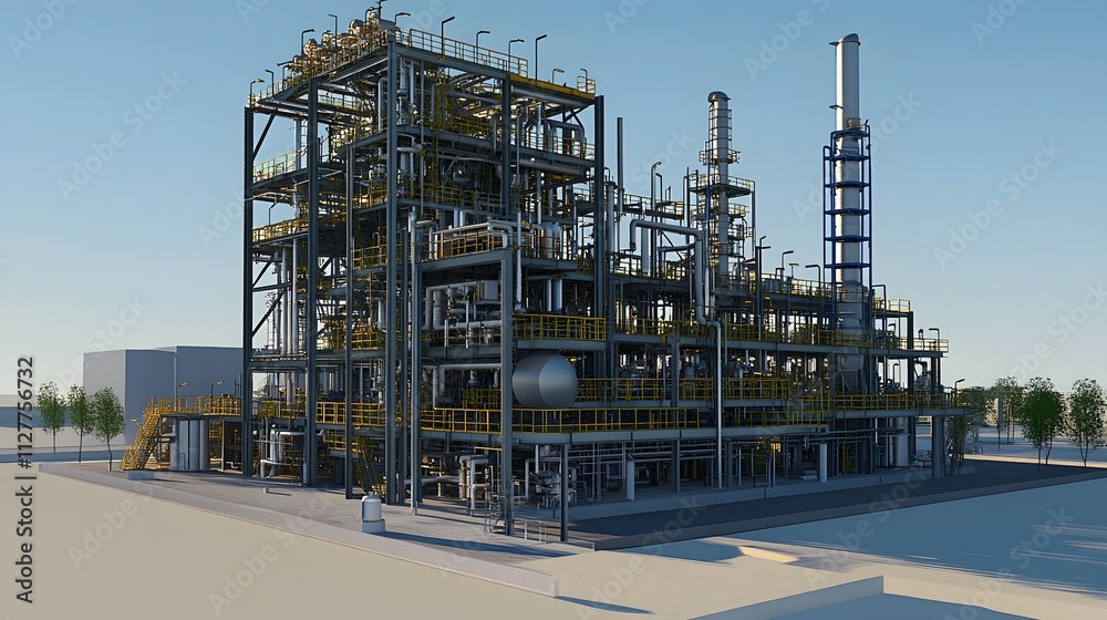 A large industrial building with a lot of pipes and valves. The pipes are blue and the valves are orange A large industrial building with a lot of pipes and valves. The pipes are blue and the valves are orange