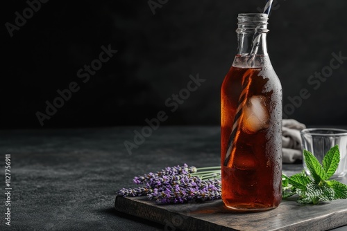 Iced lavender tea in bottle with ice and mint.