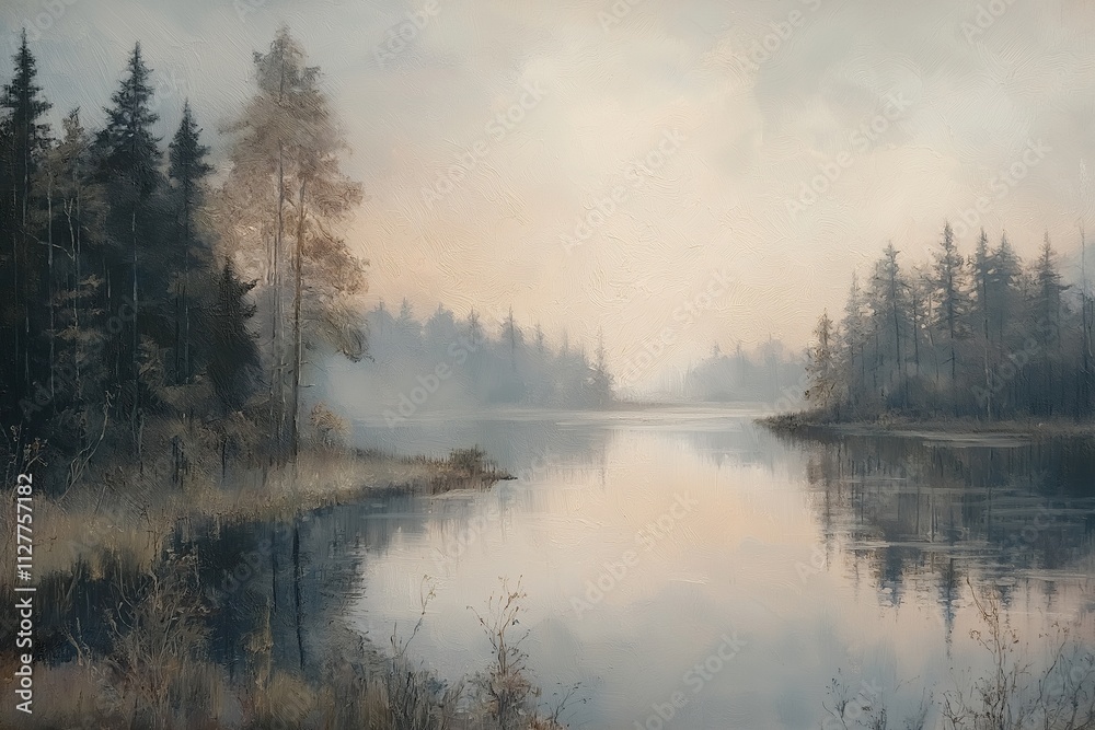 Artistic interpretation of a serene landscape with calm water and soft fog at dawn Artistic interpretation of a serene landscape with calm water and soft fog at dawn